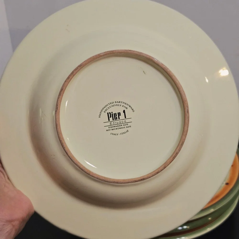 Pier 1 Etrusco Shallow Pasta Bowls Set of 4 Orange Green Handpainted Italy 9.75